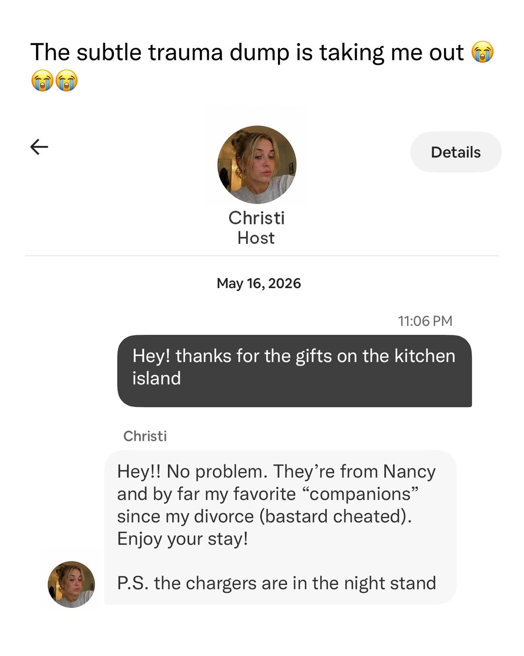 Airbnb message from host Christi saying the gifts are from Nancy, her favorite companions since her divorce, and that the chargers are in the night stand